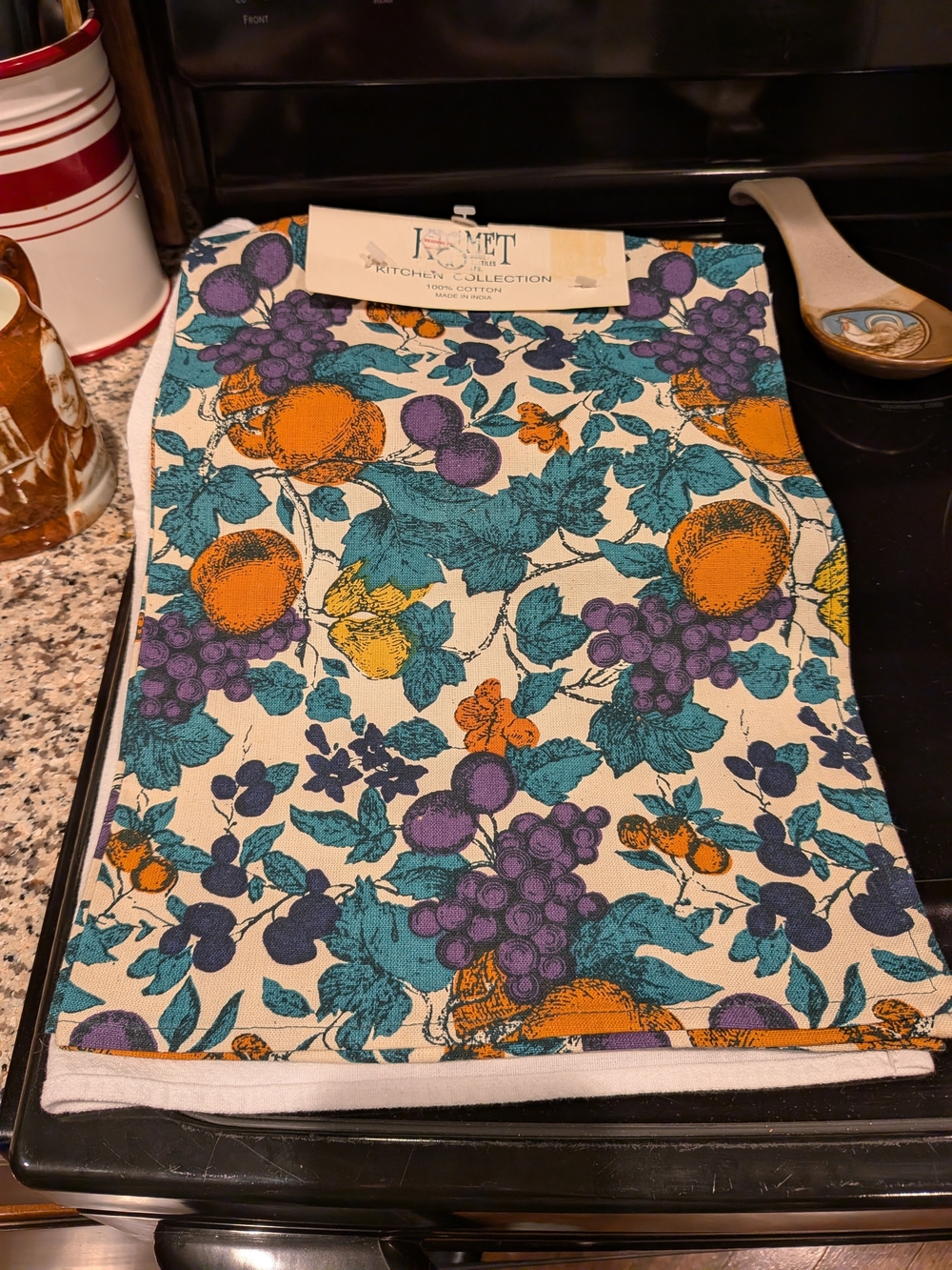 KISMET Cotton Kitchen Towel in Teal, Purple & Orange Fruit NWT New Old Stock